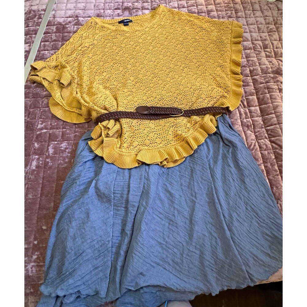 Denim 24/7 Women’s 3X Mustard Open Knit Ruffle Poncho Sweater Boho